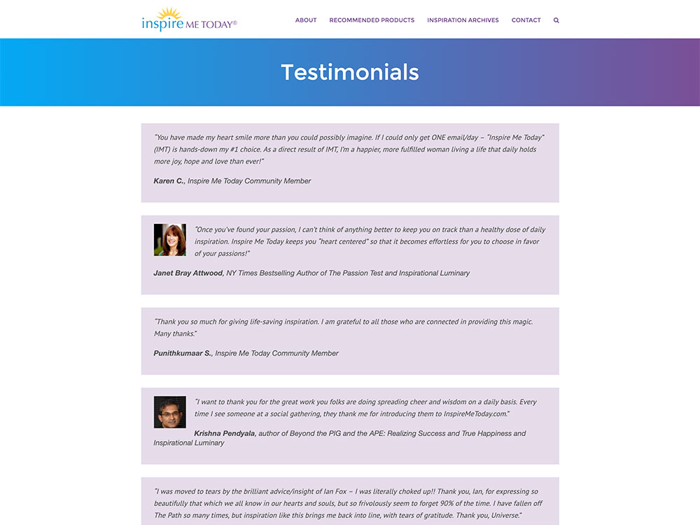 Inspire Me Today Testimonials Page