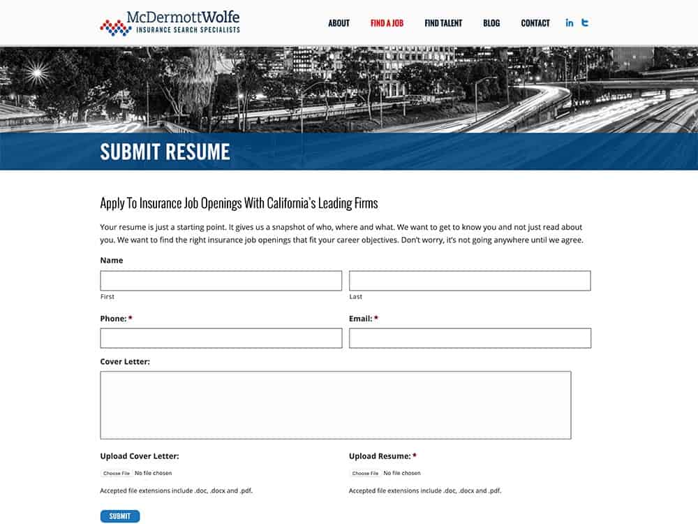 McDermott Wolfe Insurance Submit Resume Page