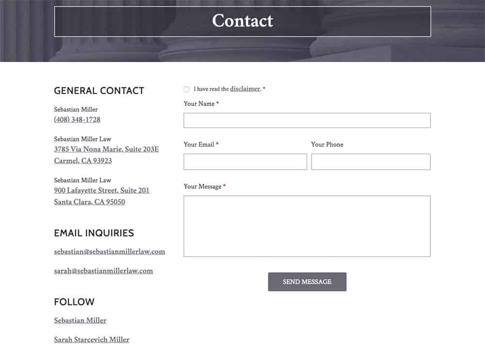 Sebastian Miller Law Contact Page