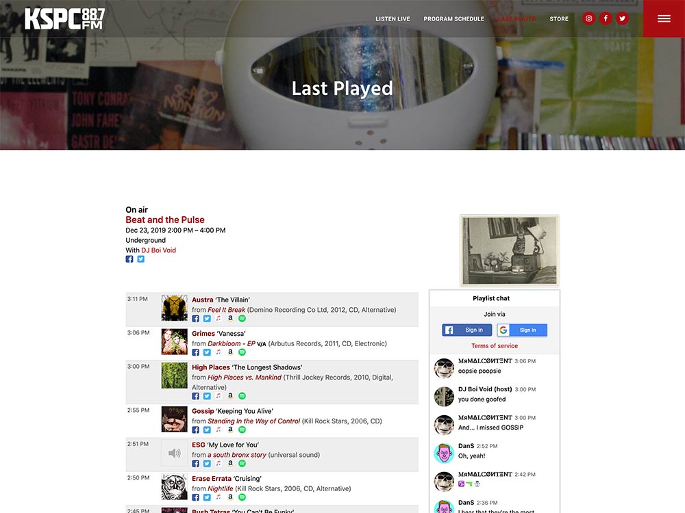 KSPC 88.7FM Last Played Page