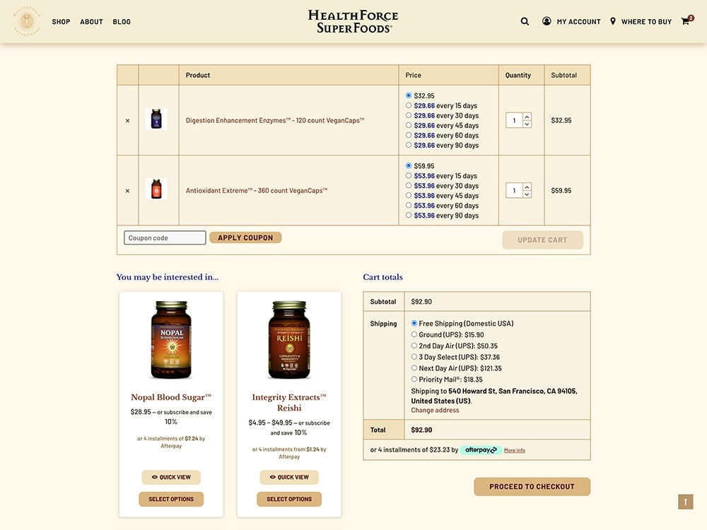 HealthForce SuperFoods Cart Page