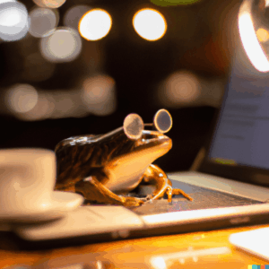 DALL·E 2022 08 11 10.44.56 A frog wearing glasses working on a laptop at a coffee shop realistic photograph