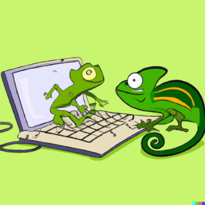 a frog and a chameleon working together to design a website