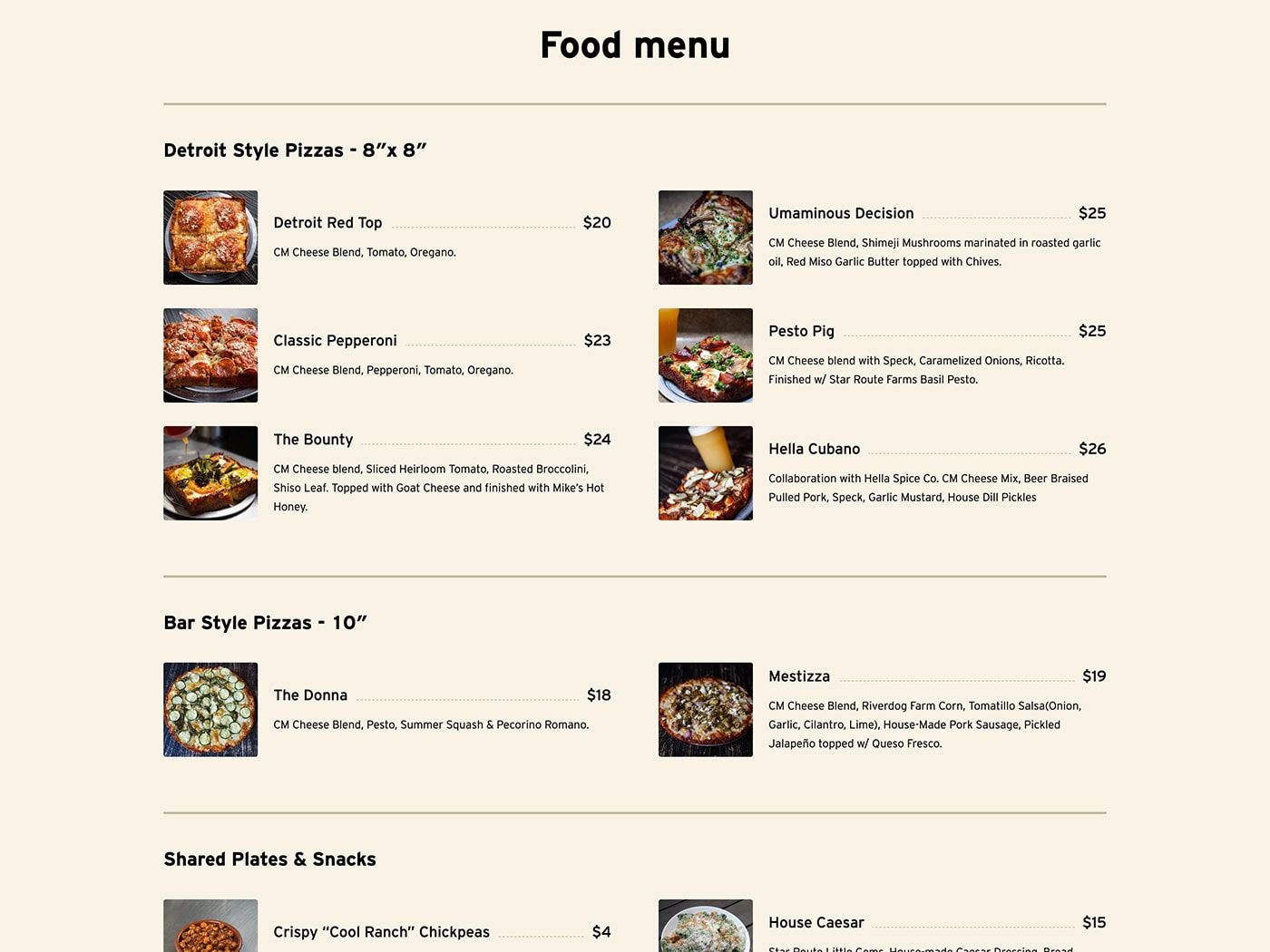Cellarmaker CHOP Food Menu