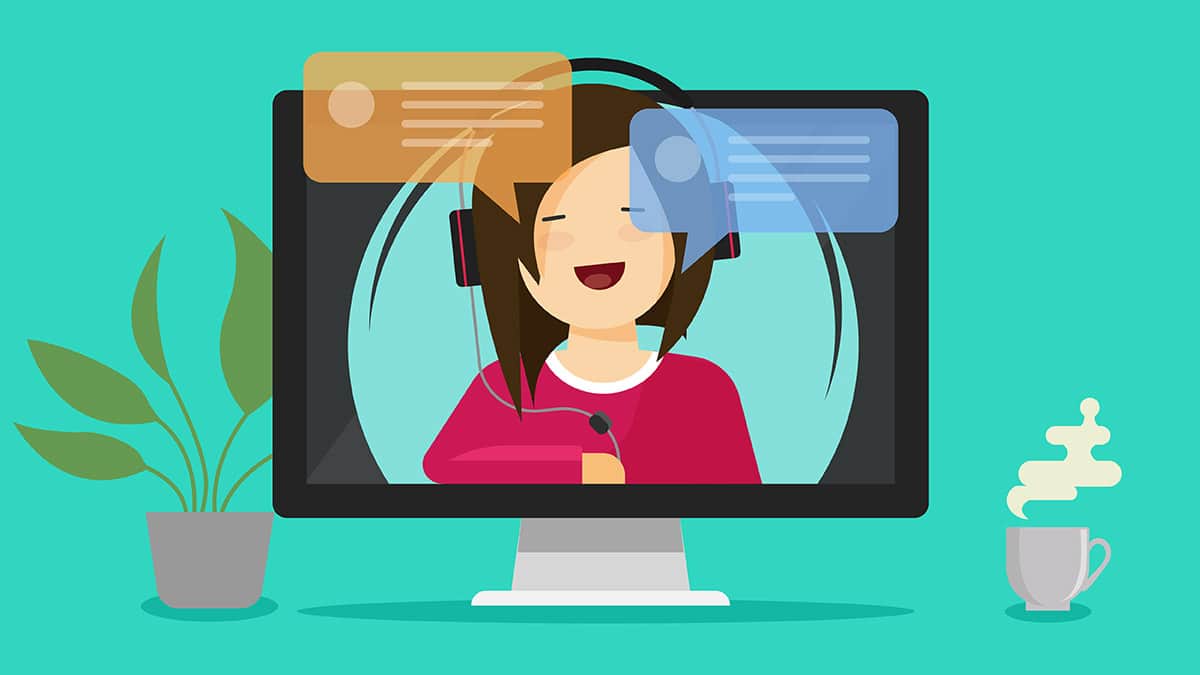 Webinar Illustration With Woman Talking on Desktop Monitor, Desk with Plant and Steaming Coffee, Turquoise Background