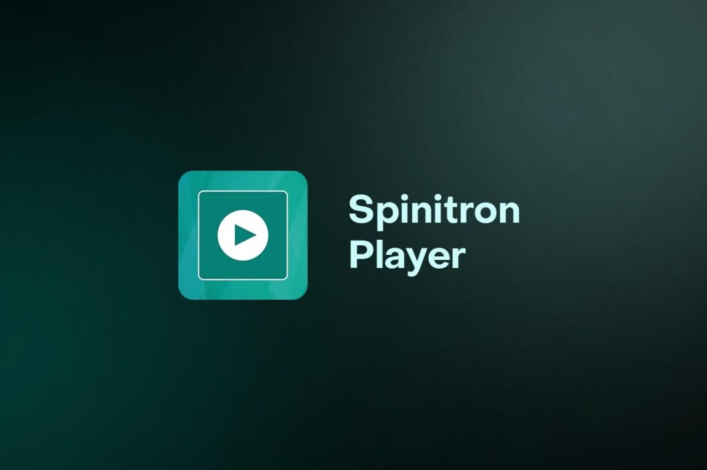 Logo for Spinitron Player with a dark green and black gradient background. The logo consists of a turquoise square with rounded corners and a white play button in the center. Text to the right of the square reads "Spinitron Player.