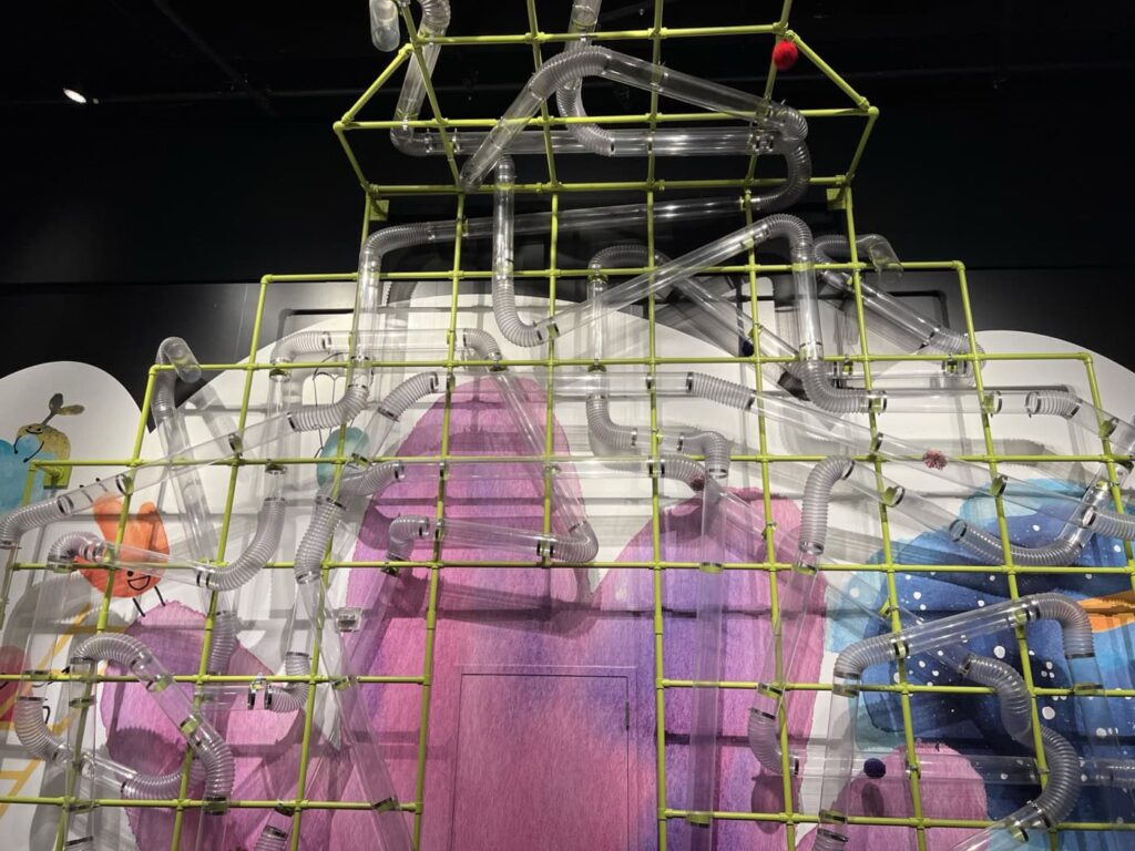 A colorful interactive exhibit at OMSI featuring a complex network of clear tubes, set within a vibrant, artistic backdrop. Balls can travel through the tubes, creating dynamic movement and engaging visual elements.