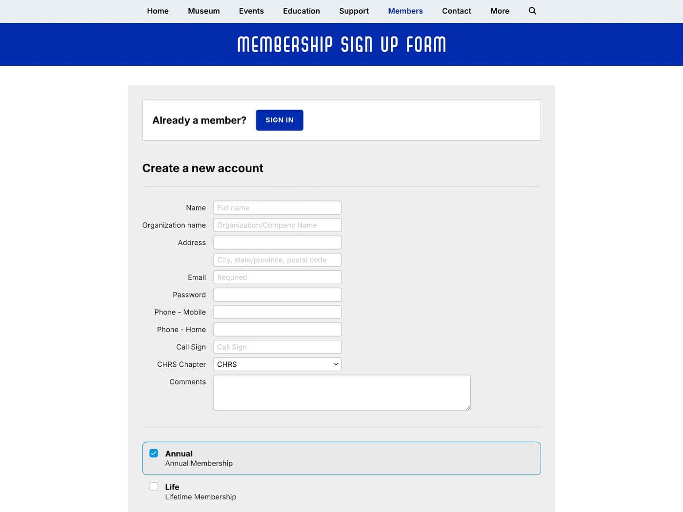 CHRS Membership Sign Up Page