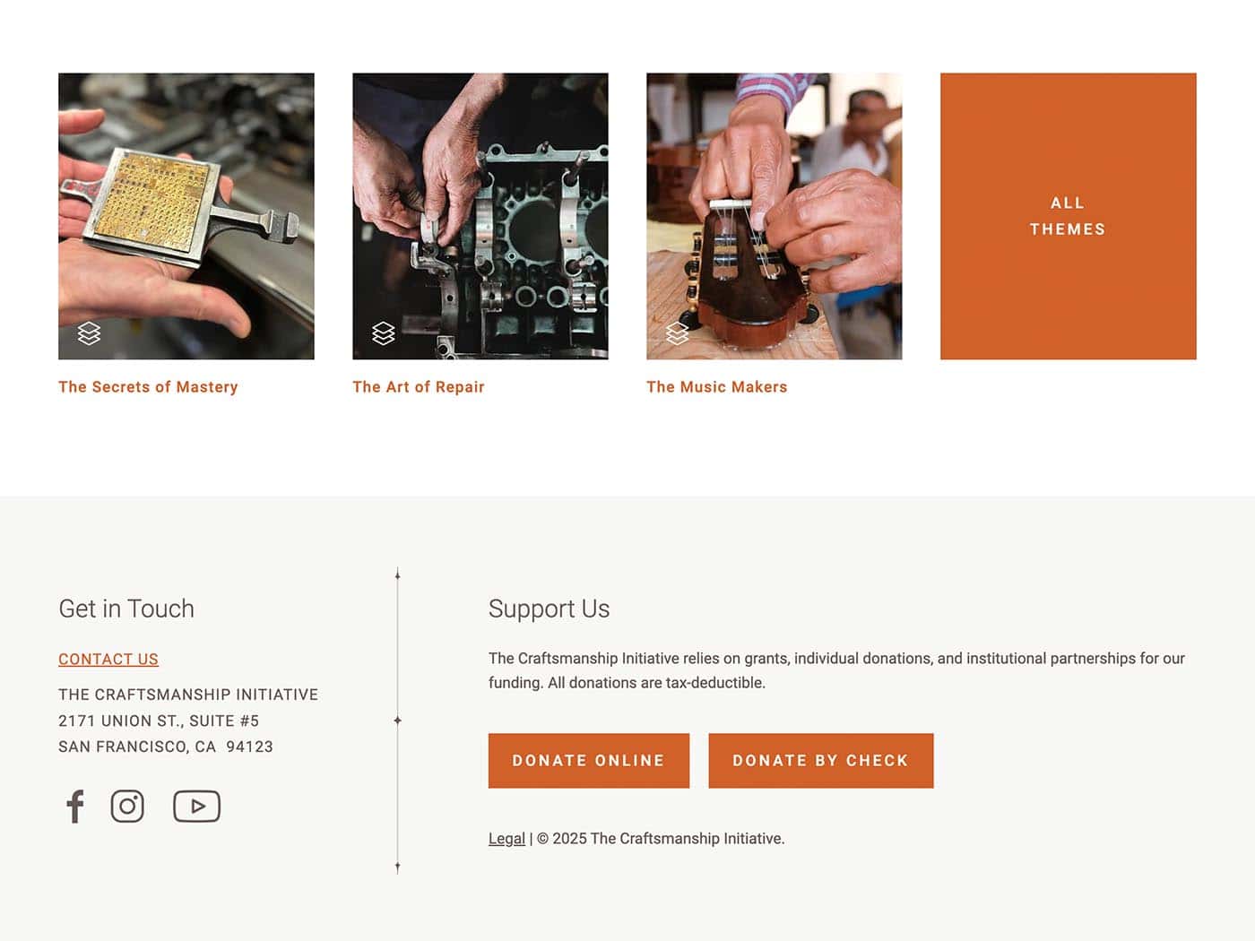 The Craftsmanship Initiative Homepage bottom section and Footer