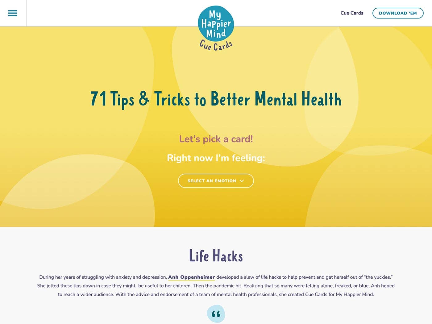 My Happier Mind Homepage top section