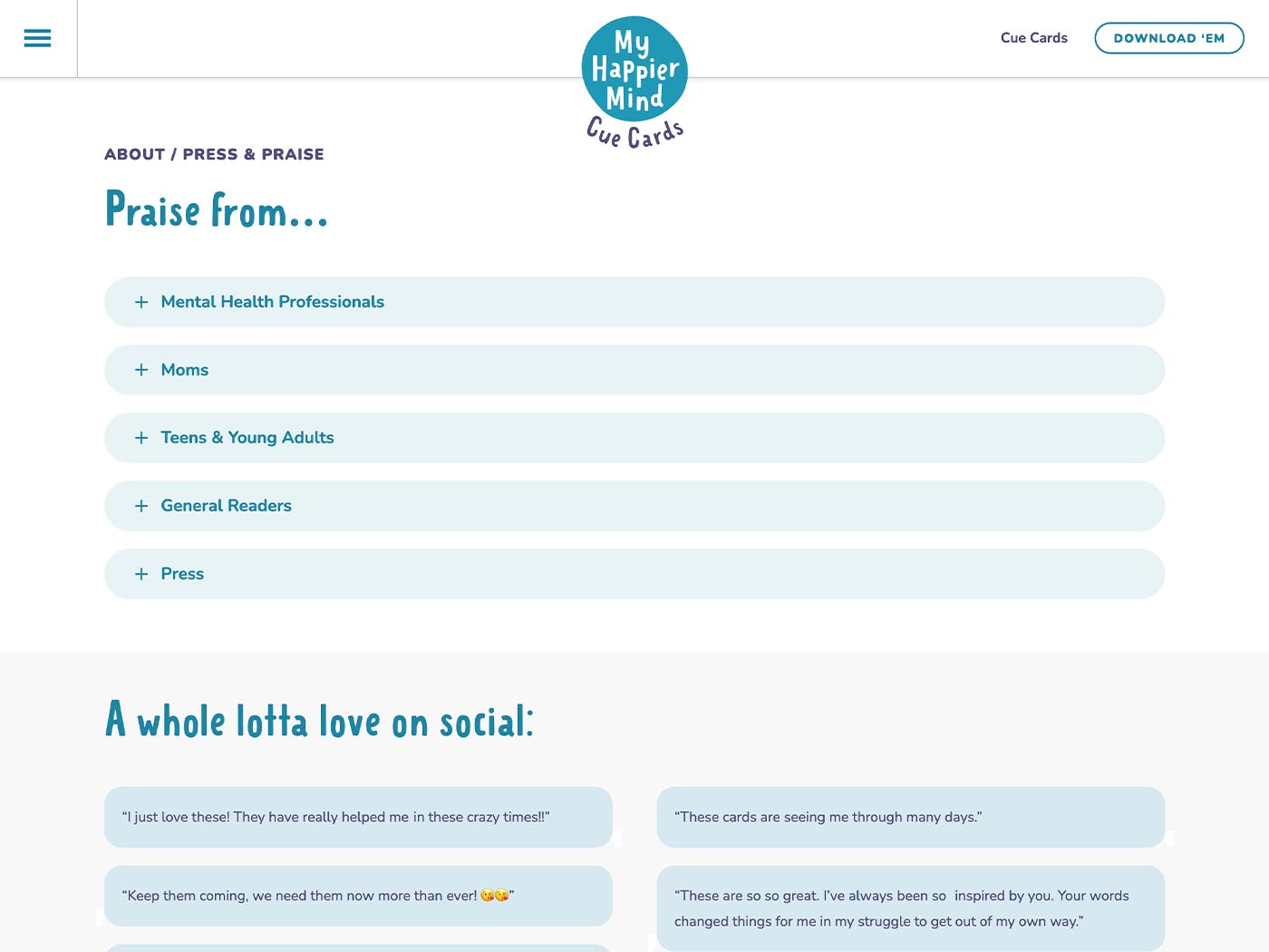 My Happier Mind toggles and testimonials