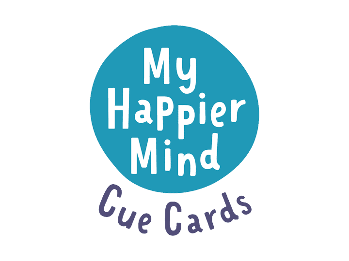 Logo with a large blue circle containing white text that reads "My Happier Mind." Below the circle, purple text says "Cue Cards." The background is white with faint blue vertical lines.