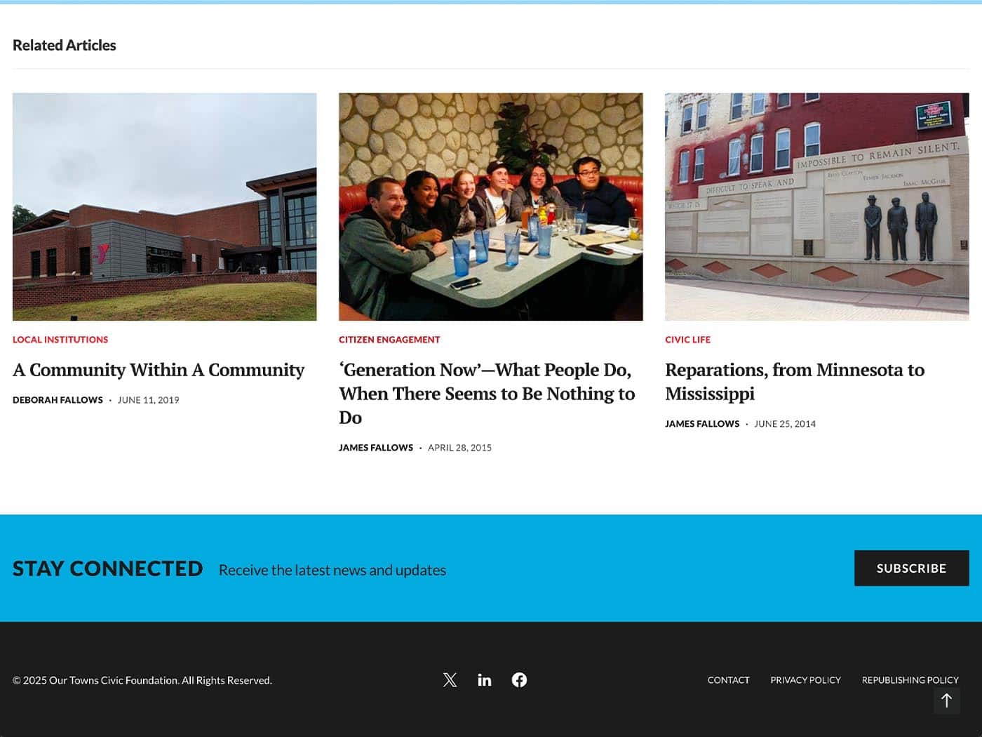 Our Towns Civic Foundation Related Articles section and Footer