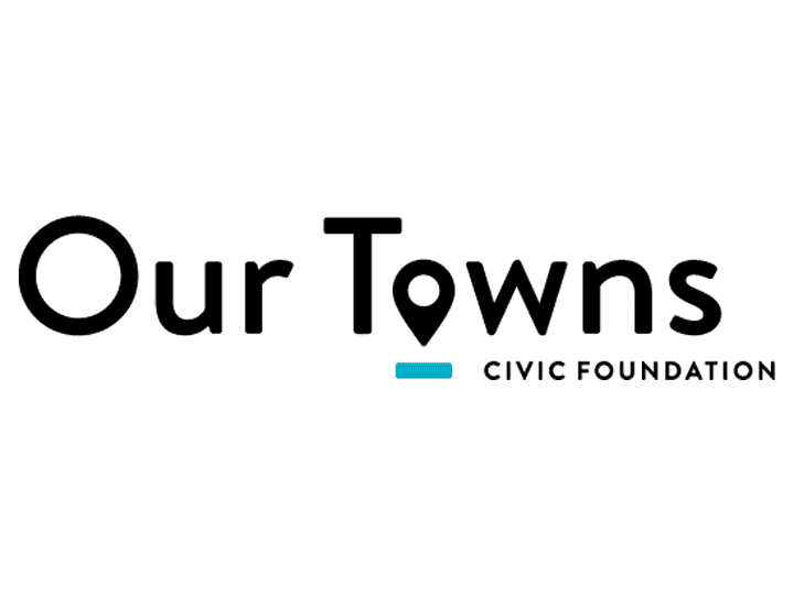 Logo for "Our Towns Civic Foundation," with the word "Towns" featuring a location pin icon as the letter "o." The words "CIVIC FOUNDATION" appear in smaller text below, highlighted with a blue underline.