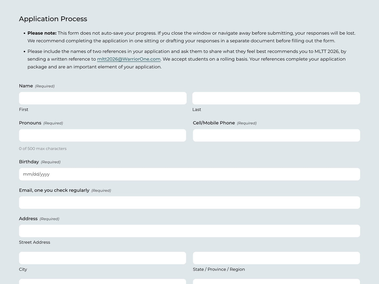 Warrior One Application Form