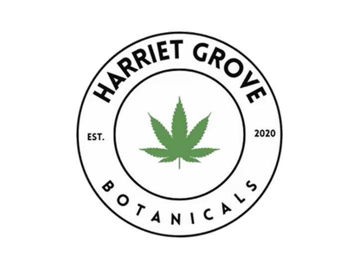 A circular logo with "HARRIET GROVE BOTANICALS" around a green cannabis leaf. "EST. 2020" is written on either side of the leaf. The background is light gray.