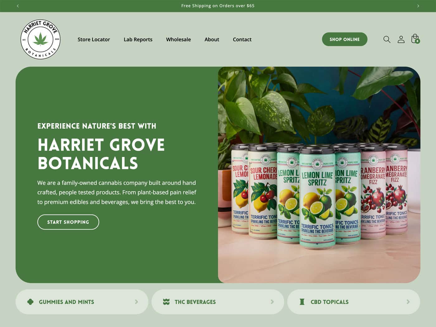 Harriet Grove Botanicals Homepage hero section