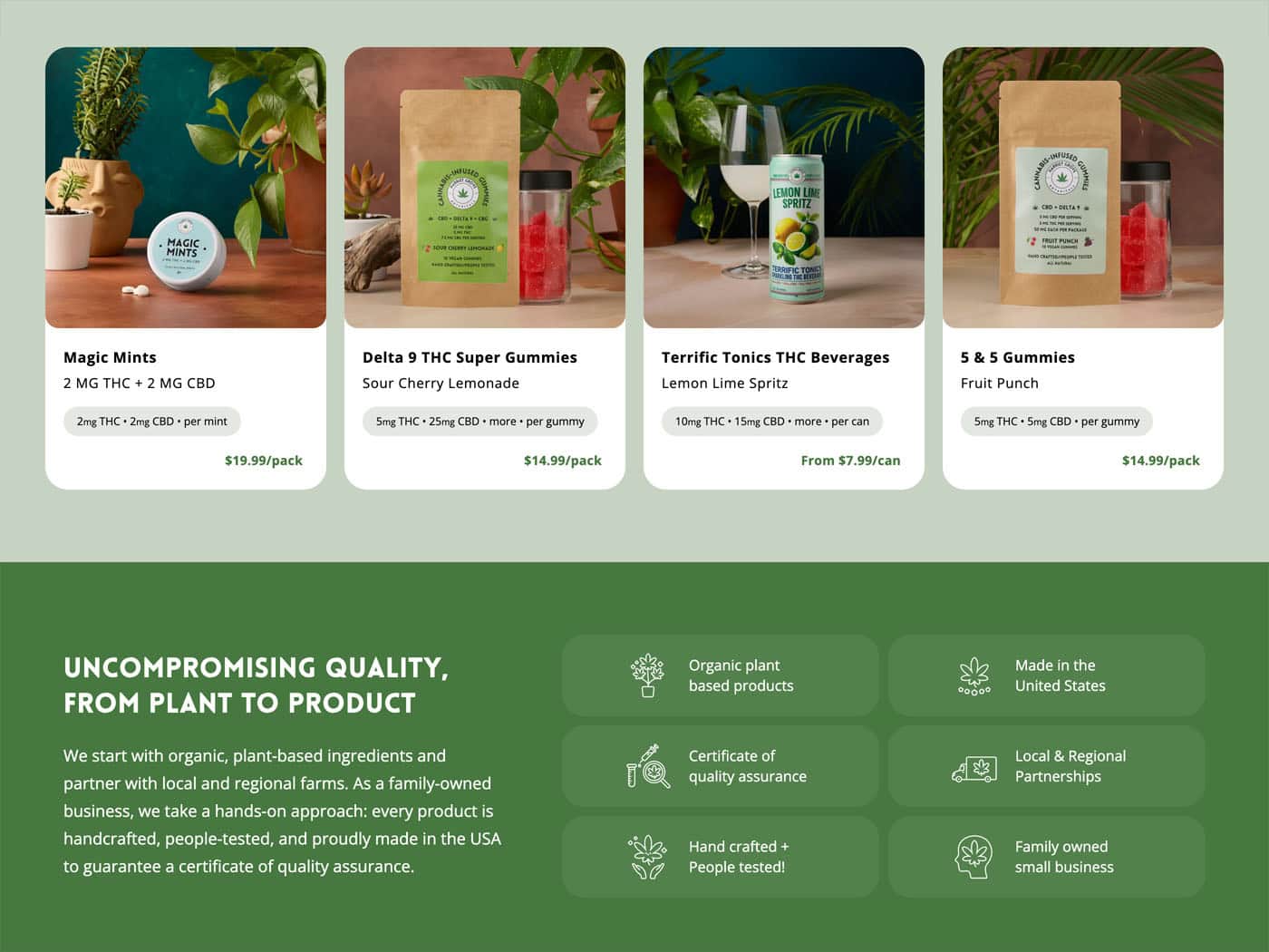 Harriet Grove Botanicals Homepage products sections