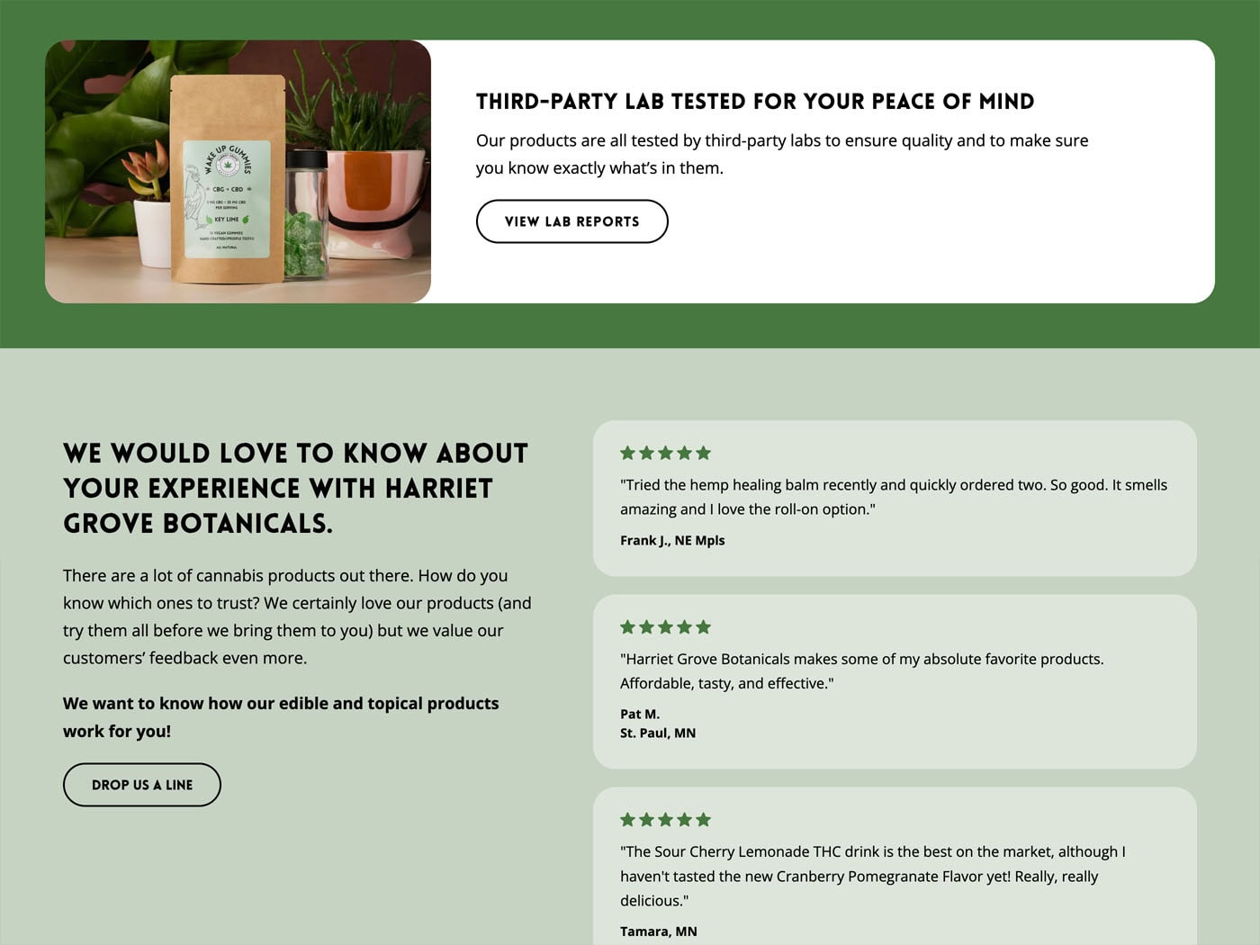 Harriet Grove Botanicals Homepage reports and reviews sections