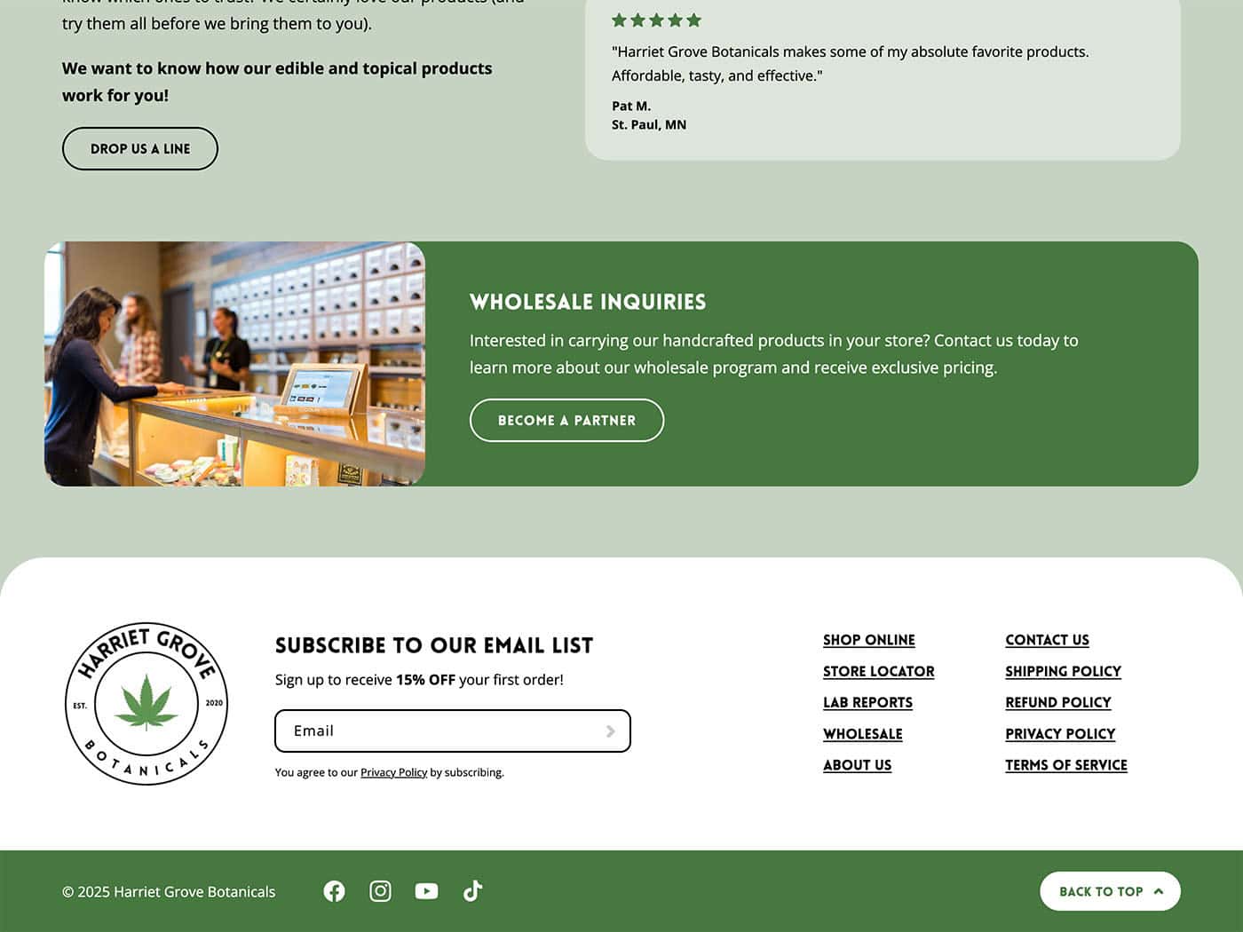 Harriet Grove Botanicals wholesale section and footer