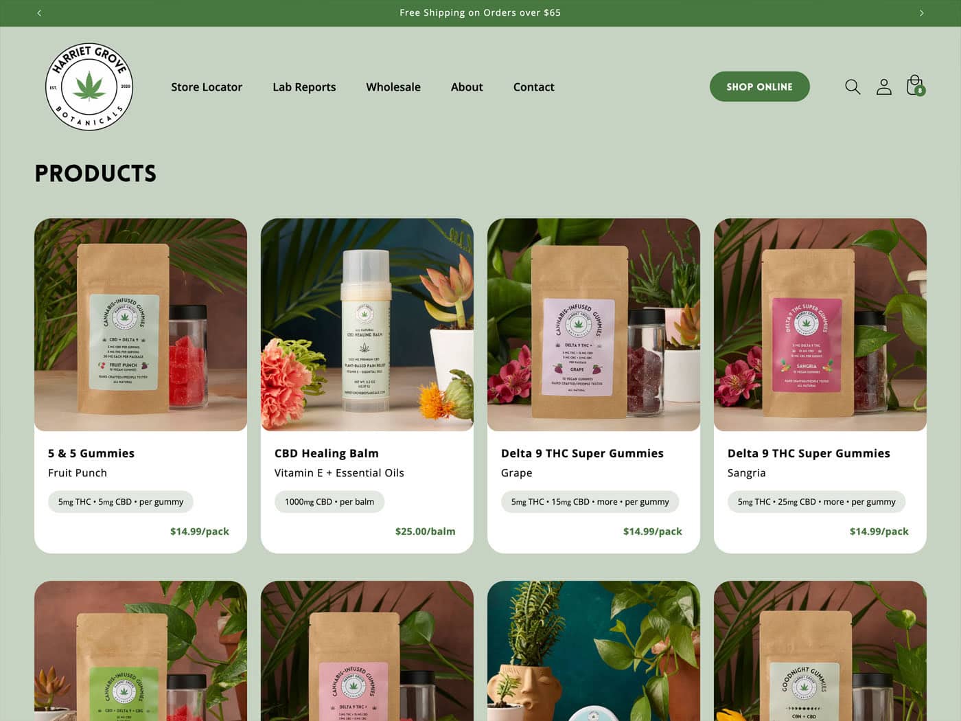 Harriet Grove Botanicals Shop page